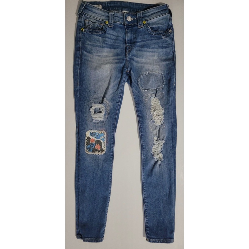 True Religion Jeans Womens 27 Halle Mid Rise Super Skinny Distressed Patch Pants